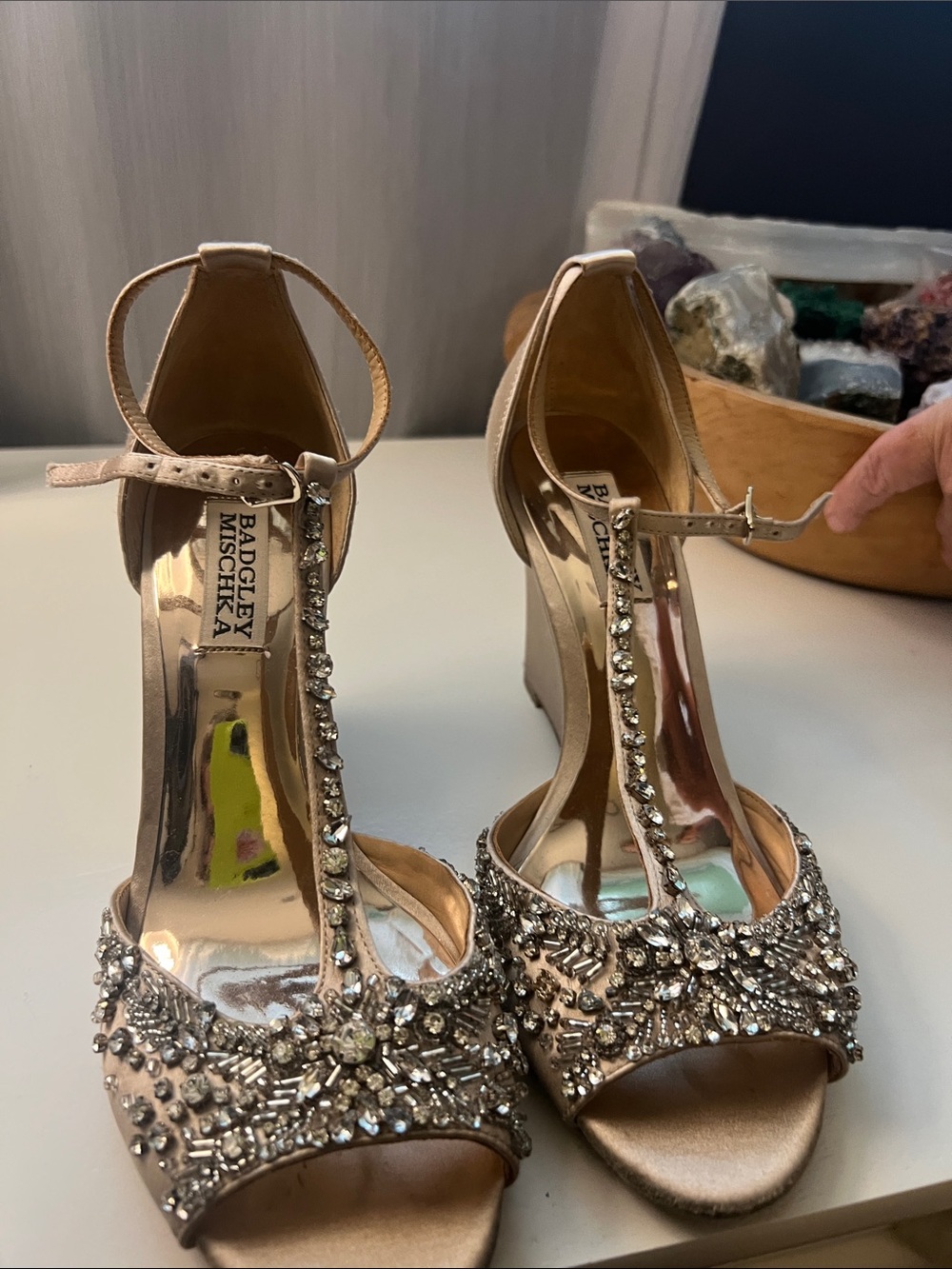 Badgley Mischka Blush Satin Crystal T‑Strap Evening Heels
